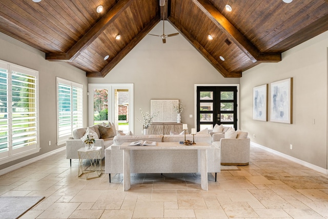 2911 S Saddlebrook Ln, Katy, TX 77494 - living room featuring stone tile flooring, a wooden ceiling with exposed beams, high vaulted ceiling, recessed lighting, and a ceiling fan