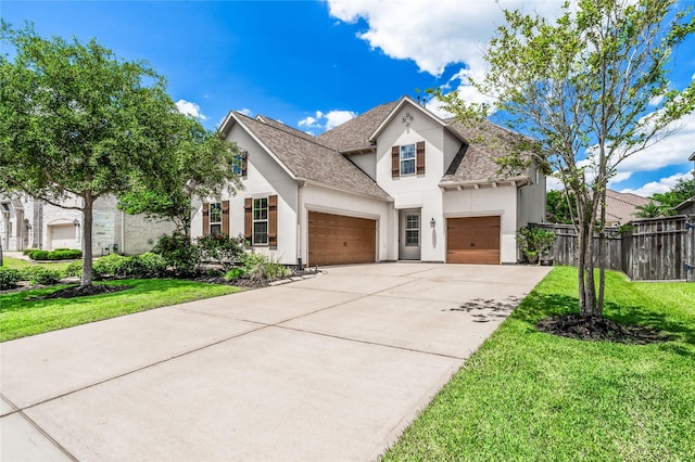9811 Mount Shasta, Missouri City, TX 77459 - view of front of property featuring stucco siding, a shingled roof, driveway, and a garage