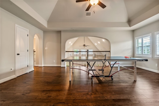 9811 Mount Shasta, Missouri City, TX 77459 - recreation room with a ceiling fan, lofted ceiling, arched walkways, and hardwood / wood-style flooring