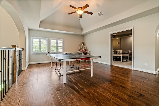 9811 Mount Shasta, Missouri City, TX 77459 - game room with a ceiling fan, arched walkways, wood-type flooring, and lofted ceiling