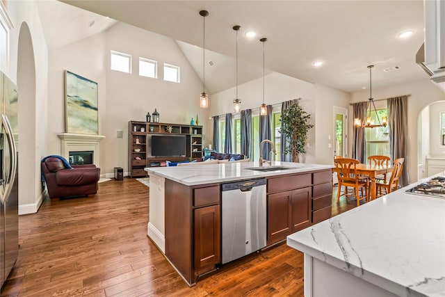 9811 Mount Shasta, Missouri City, TX 77459 - kitchen featuring stainless steel appliances, a glass covered fireplace, a chandelier, open floor plan, and healthy amount of natural light
