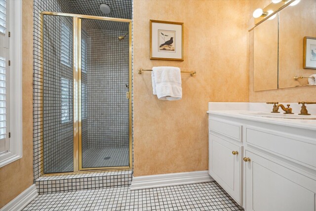 17 Pine Briar Cir, Houston, TX 77056 - full bath with a stall shower, vanity, tile patterned flooring, and baseboards