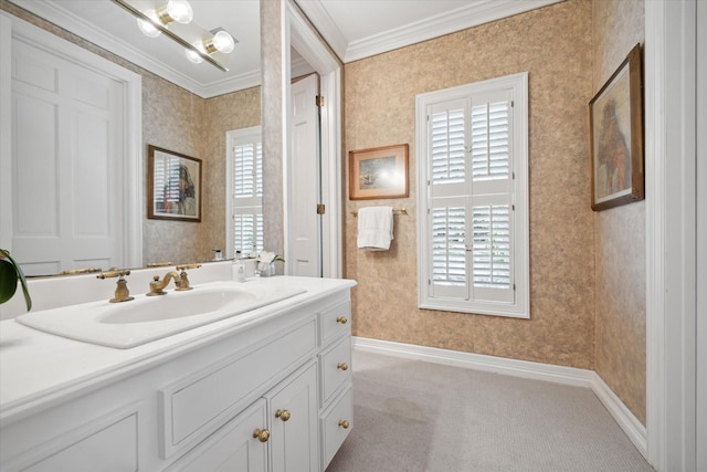 17 Pine Briar Cir, Houston, TX 77056 - bathroom featuring wallpapered walls, crown molding, plenty of natural light, baseboards, and vanity