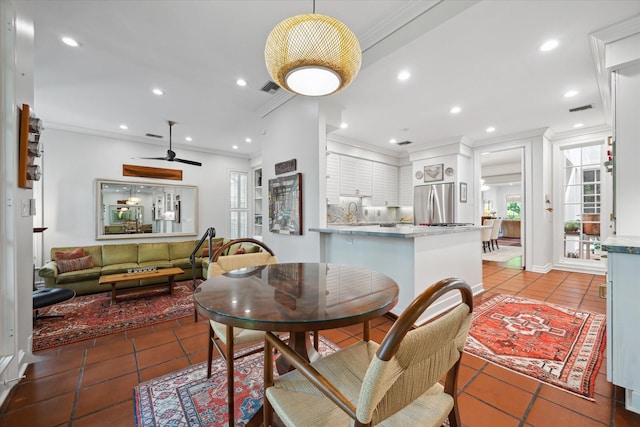 17 Pine Briar Cir, Houston, TX 77056 - dining area featuring ornamental molding, tile patterned floors, a ceiling fan, and recessed lighting