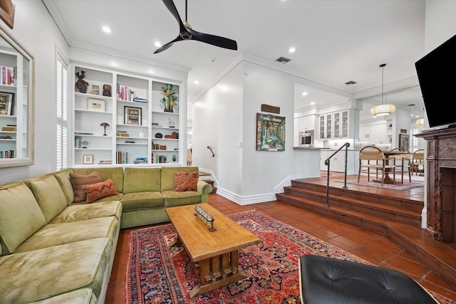 17 Pine Briar Cir, Houston, TX 77056 - tiled living area featuring a ceiling fan, ornamental molding, baseboards, and recessed lighting