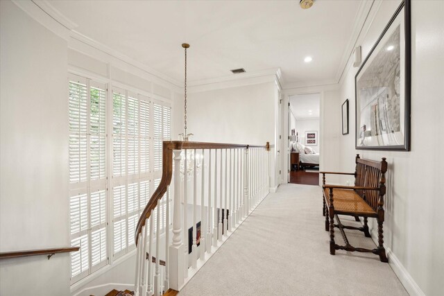 17 Pine Briar Cir, Houston, TX 77056 - corridor with baseboards, ornamental molding, carpet floors, and recessed lighting