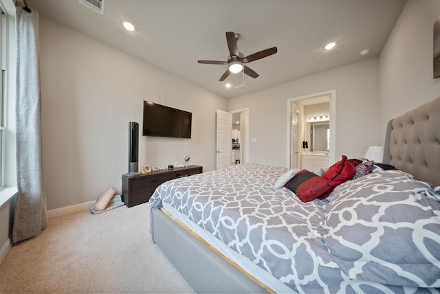 24323 Salts Mill Dr, Katy, TX 77493 - carpeted bedroom with baseboards, ensuite bathroom, recessed lighting, and a ceiling fan