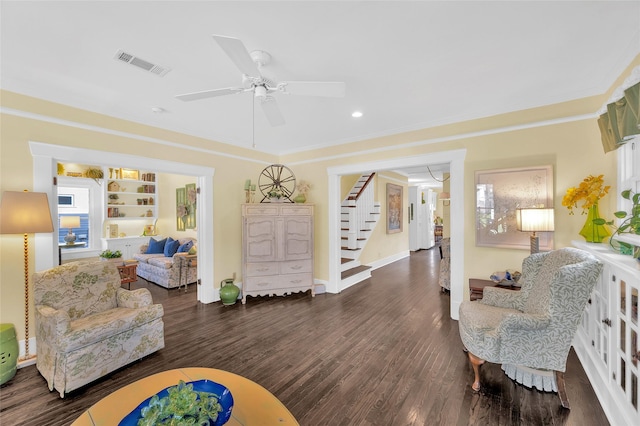 418 Byrne St, Houston, TX 77009 - sitting room with stairs, ceiling fan, wood finished floors, ornamental molding, and recessed lighting