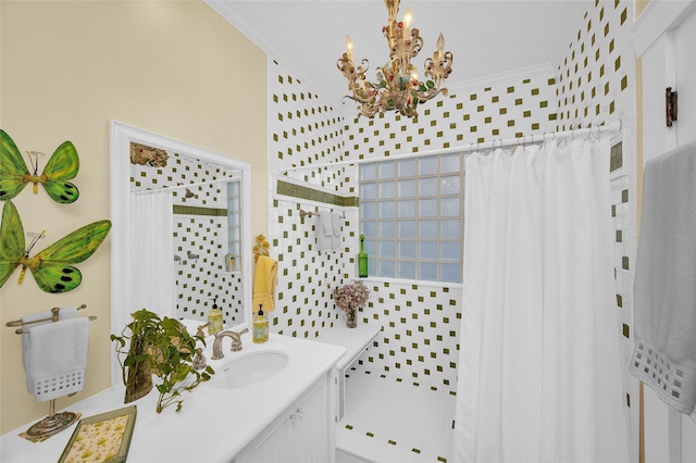 418 Byrne St, Houston, TX 77009 - bathroom featuring ornamental molding, a chandelier, curtained shower, and vanity