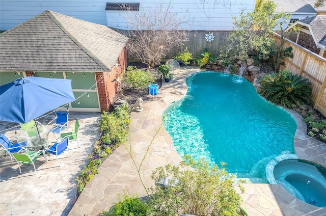 418 Byrne St, Houston, TX 77009 - view of pool featuring a fenced backyard, a patio area, and a pool with connected hot tub