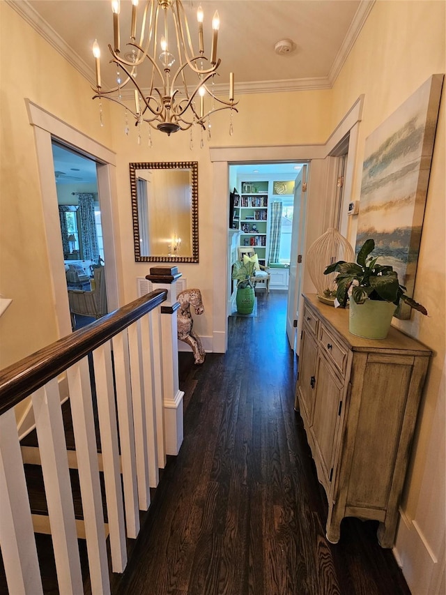 418 Byrne St, Houston, TX 77009 - hall featuring a chandelier, dark wood finished floors, crown molding, an upstairs landing, and plenty of natural light