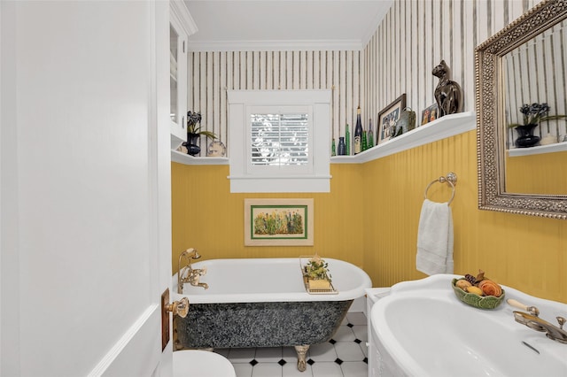 418 Byrne St, Houston, TX 77009 - full bath featuring a sink, a soaking tub, wallpapered walls, ornamental molding, and tile patterned floors