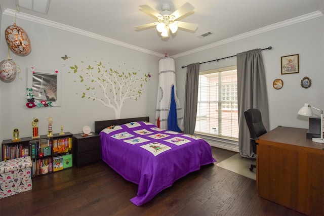 3226 Pemberton Circle Dr, Houston, TX 77025 - bedroom with hardwood / wood-style flooring, crown molding, an office area, and ceiling fan
