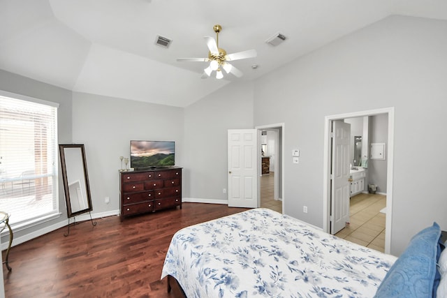 8742 Melting Shadows Ln, Houston, TX 77095 - bedroom featuring high vaulted ceiling, wood finished floors, baseboards, and ceiling fan