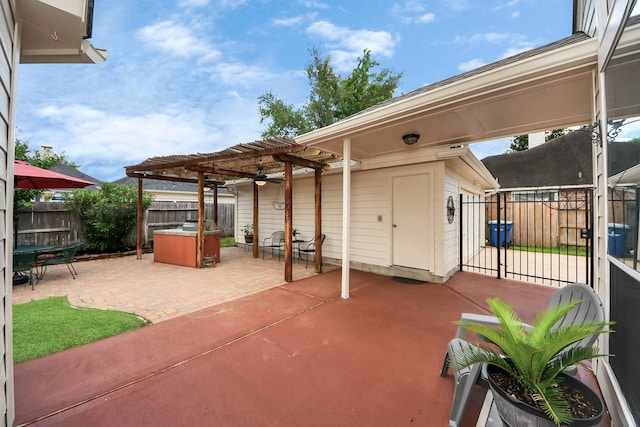 8742 Melting Shadows Ln, Houston, TX 77095 - view of patio / terrace with a pergola, a fenced backyard, outdoor dining area, and a hot tub