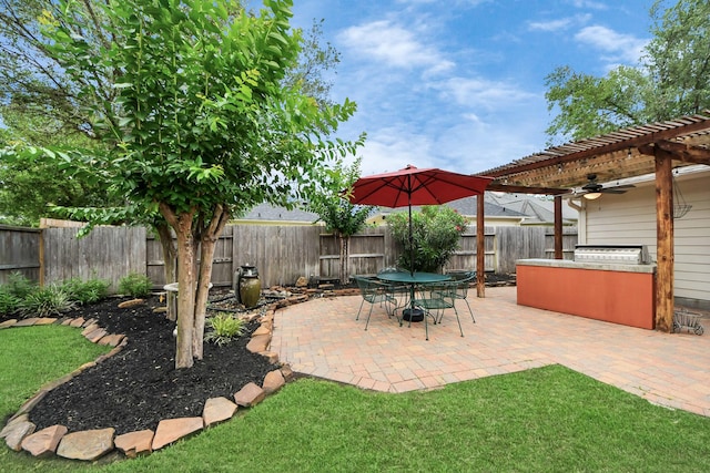8742 Melting Shadows Ln, Houston, TX 77095 - view of patio / terrace with a ceiling fan, a grill, a pergola, and area for grilling