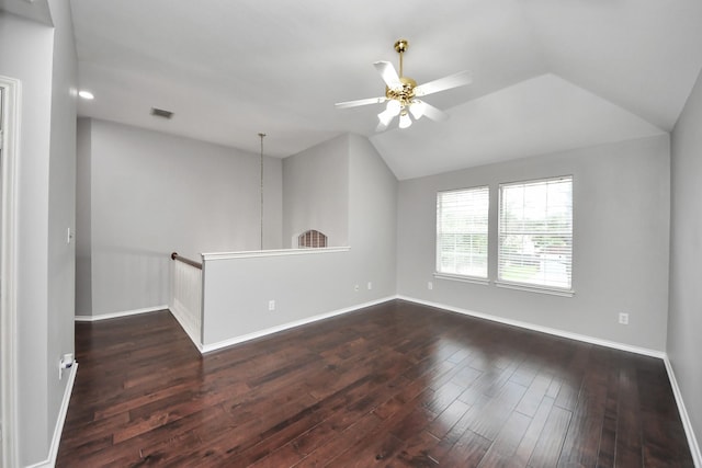 8742 Melting Shadows Ln, Houston, TX 77095 - unfurnished room featuring wood-type flooring, a ceiling fan, lofted ceiling, and baseboards