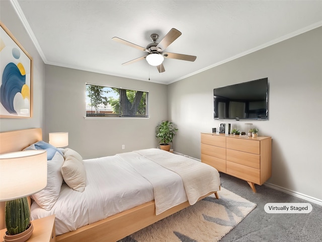 141 20th Ave N, Texas City, TX 77590 - bedroom with carpet floors, ornamental molding, baseboards, and ceiling fan