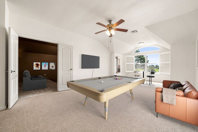 2107 Pearl Bay Ct, Pearland, TX 77584 - recreation room featuring light colored carpet, ceiling fan, vaulted ceiling, and pool table