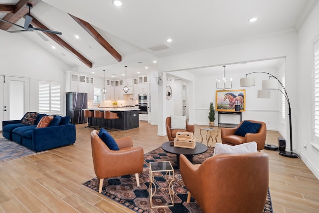 9603 Neon Moon Dr, Needville, TX 77461 - living area featuring a chandelier, recessed lighting, light wood finished floors, baseboards, and crown molding