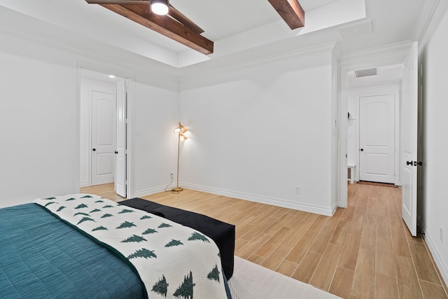 9603 Neon Moon Dr, Needville, TX 77461 - bedroom with beam ceiling, light wood finished floors, and baseboards
