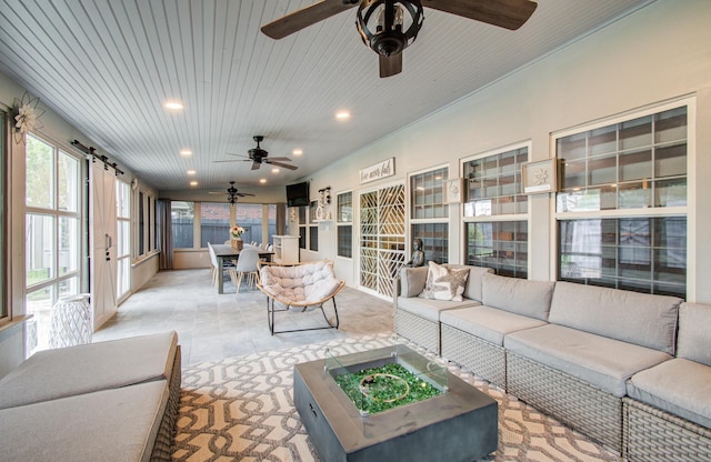 2519 Bradburn Hill Ln, Houston, TX 77014 - sunroom / solarium featuring a ceiling fan, outdoor lounge area, outdoor dining space, and recessed lighting