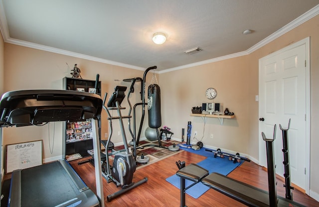 2519 Bradburn Hill Ln, Houston, TX 77014 - workout area featuring crown molding, wood finished floors, and baseboards