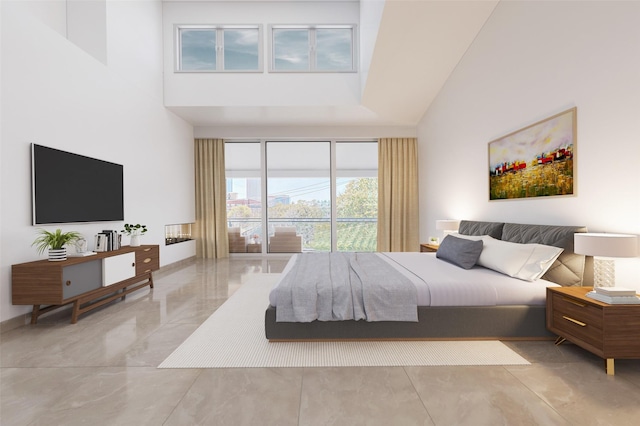 1804 N Memorial Way Unit B, Houston, TX 77007 - bedroom featuring a high ceiling, marble tiled flooring, and access to exterior