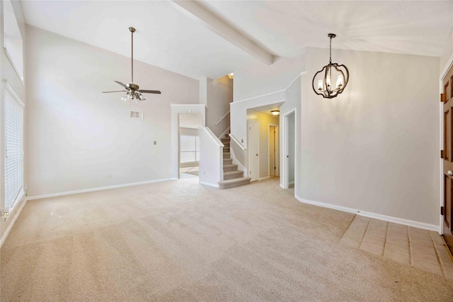 17610 Mill Springs Dr, Spring, TX 77379 - carpeted spare room with ceiling fan, stairs, a chandelier, high vaulted ceiling, and baseboards