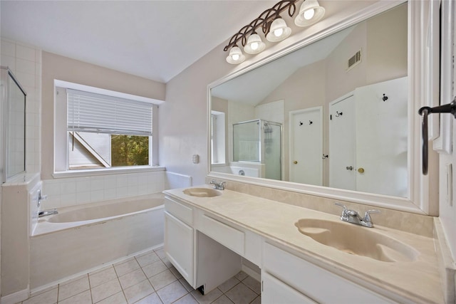 17610 Mill Springs Dr, Spring, TX 77379 - bathroom with a stall shower, tile patterned flooring, a bath, and double vanity