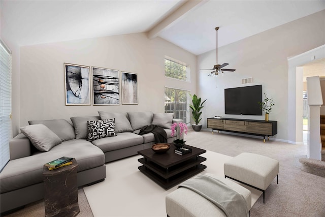 17610 Mill Springs Dr, Spring, TX 77379 - carpeted living room featuring ceiling fan, high vaulted ceiling, and beamed ceiling
