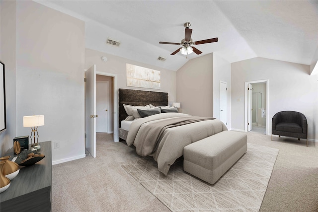 17610 Mill Springs Dr, Spring, TX 77379 - carpeted bedroom featuring lofted ceiling, baseboards, ceiling fan, and ensuite bath