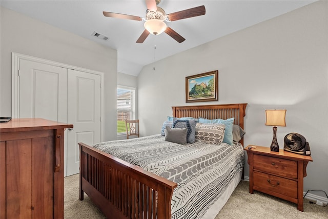 20122 Matador Ridge Dr, Cypress, TX 77433 - bedroom with light colored carpet, a closet, a ceiling fan, baseboards, and lofted ceiling