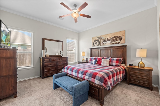 20122 Matador Ridge Dr, Cypress, TX 77433 - bedroom featuring light colored carpet, ornamental molding, baseboards, and ceiling fan