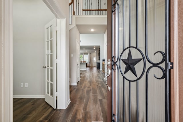 237 Catoti Cay Ct, Conroe, TX 77304 - entryway with dark wood finished floors, baseboards, and recessed lighting