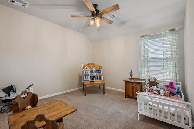 237 Catoti Cay Ct, Conroe, TX 77304 - carpeted bedroom featuring baseboards, vaulted ceiling, and a ceiling fan