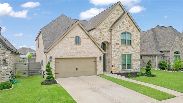 french country inspired facade featuring concrete driveway, stone siding, a garage, and a shingled roof