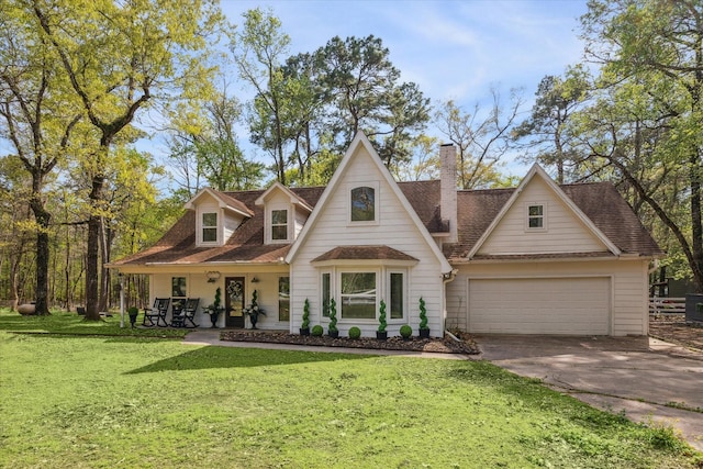 41103 Mill Creek Rd, Magnolia, TX 77354 - view of front of property with concrete driveway, an attached garage, a front lawn, a chimney, and covered porch