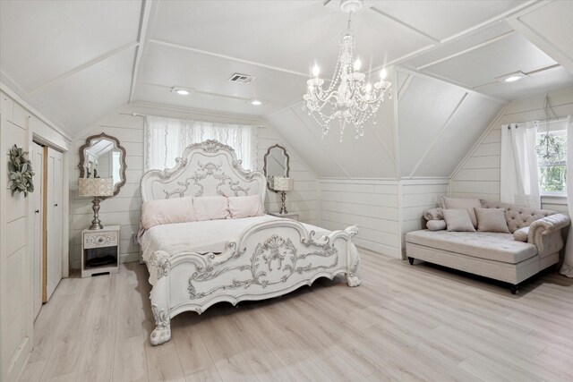 41103 Mill Creek Rd, Magnolia, TX 77354 - bedroom with lofted ceiling, light wood-style flooring, and wooden walls