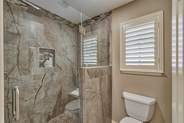 bathroom with toilet and a marble finish shower