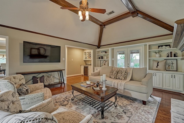 living room with high vaulted ceiling, a ceiling fan, wood finished floors, beam ceiling, and wine cooler