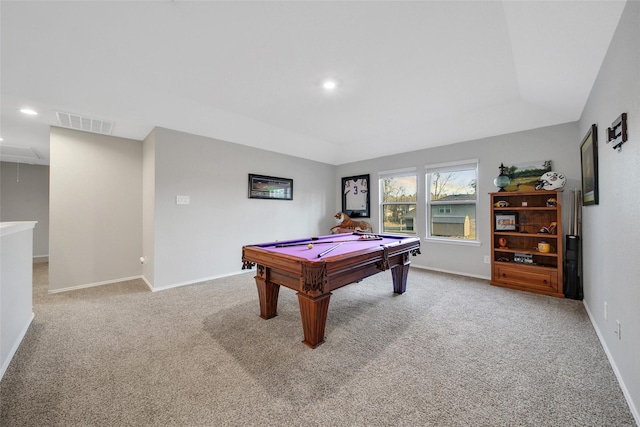 recreation room featuring attic access, carpet floors, billiards, baseboards, and recessed lighting