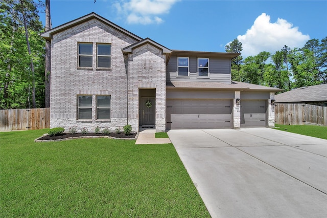 view of front of house with concrete driveway, stone siding, a garage, and brick siding