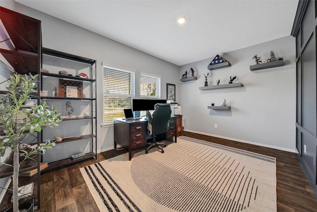 office space with baseboards, dark wood finished floors, and recessed lighting