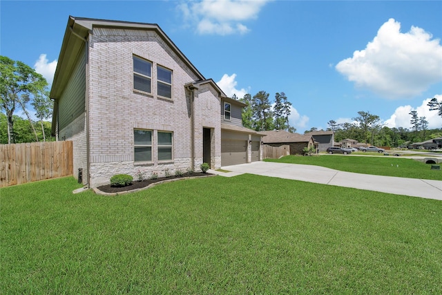 view of front of property featuring an attached garage, driveway, brick siding, and stone siding