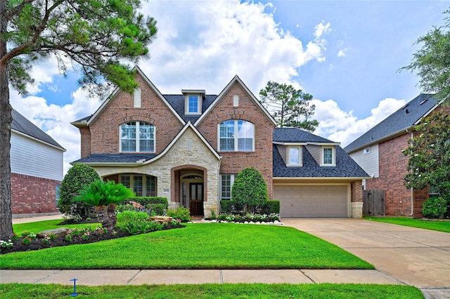 14022 Ashland Landing Dr, Cypress, TX 77429 - view of front of house with brick siding, concrete driveway, stone siding, an attached garage, and roof with shingles