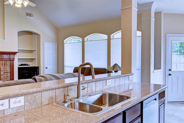 14022 Ashland Landing Dr, Cypress, TX 77429 - kitchen with a sink, open floor plan, dishwashing machine, vaulted ceiling, and built in features