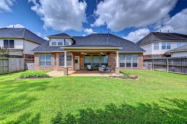 14022 Ashland Landing Dr, Cypress, TX 77429 - back of house with brick siding, a shingled roof, ceiling fan, and a patio