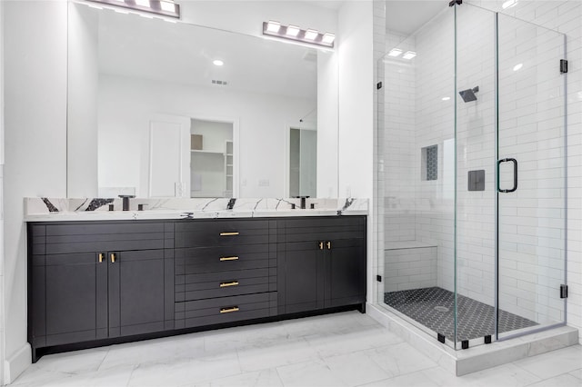 9428 Campbell Rd Unit B, Houston, TX 77080 - full bath with marble look tile flooring, a stall shower, and double vanity