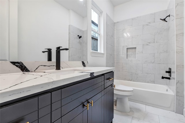 9428 Campbell Rd Unit B, Houston, TX 77080 - bathroom with toilet, washtub / shower combination, marble finish flooring, and vanity